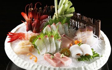 зелень, рыба, морепродукты, блюдо, креветка