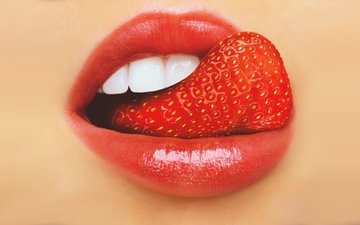 mädchen, makro, lippen, sprache-erdbeere