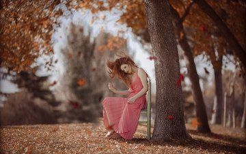 деревья, листья, девушка, настроение, осень, рыжеволосая