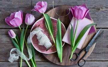 цветы, тюльпаны, розовые, лента, ножницы, натюрморт, anna verdina