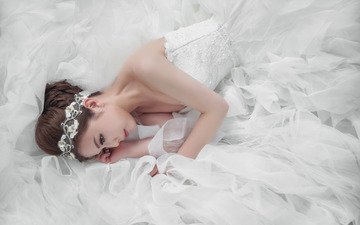 девушка, прическа, азиатка, белое платье, невеста