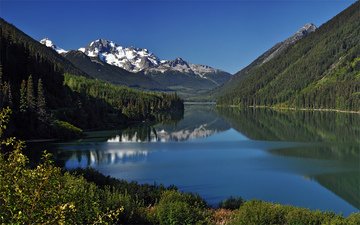 небо, деревья, вода, озеро, горы, отражение, пейзаж