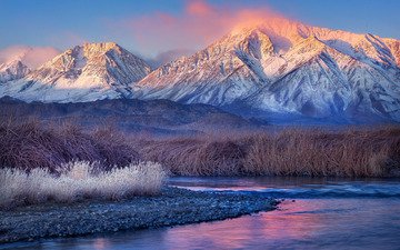 трава, вода, горы, снег, камни, пейзаж