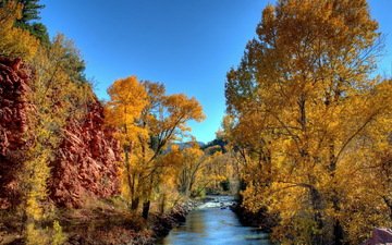деревья, горы, камни, осень, речка, желтые листья