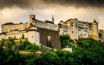 зелень, тучи, австрия, крепость, хоэнзальцбург, festung hohensalzburg