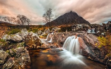 облака, камни, гора, поток, шотландия, северо-шотландское нагорье, buachaille etive mòr