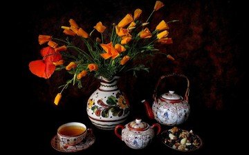 цветы, орехи, фон, маки, чашка, чай, чайник, натюрморт, эшшольция