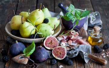 фрукты, ягоды, натюрморт, ежевика, груши, инжир, anna verdina, хамон