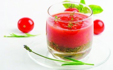 зелень, овощи, стакан, помидоры, сок, томатный