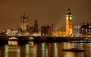 ночь, огни, река, мост, лондон, темза, башня, англия, биг-бен, парламент