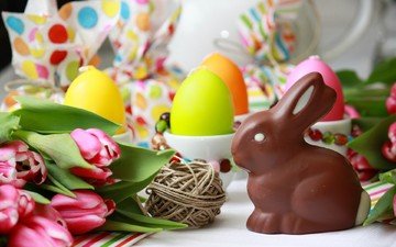 весна, тюльпаны, пасха, яйца, праздник, шоколадный заяц