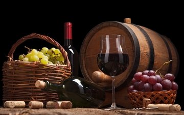 виноград, бокал, корзина, вино, бутылки, бочка, красное, пробки, штопор, грозди