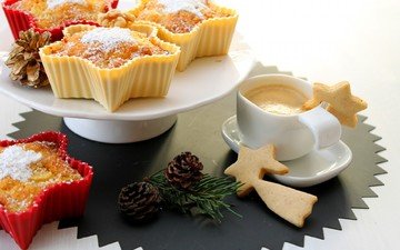новый год, кофе, чашка, праздник, рождество, шишки, сладкое, печенье, выпечка, десерт, капучино, кексы