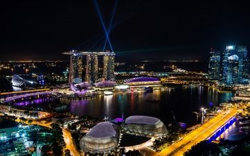 ночь, огни, дизайн, море, побережье, мегаполис, дома, здание, дороги, мосты, отель, прожектора, сингапур, marina bay sands