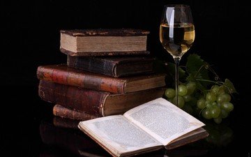 отражение, виноград, книги, бокал, вино, белое, натюрморт