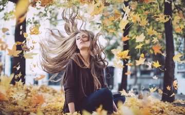листья, девушка, осень, волосы, дэвид olkarny