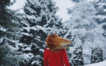 снег, зима, девушка, холод, кудри, волосы, локоны
