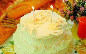 свечи, стол, два, праздник, сладкое, день рождения, торт, десерт, сок