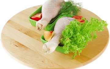 зелень, белый фон, овощи, мясо, курица, дощечка, куриные ножки
