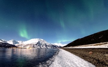 река, горы, снег, природа, северное сияние, норвегия
