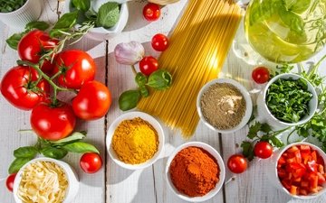 зелень, овощи, помидоры, спагетти, чеснок, специи