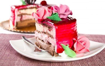 крем для торта, розы, розовый, шоколад, торт, десерт, желе, кусочек