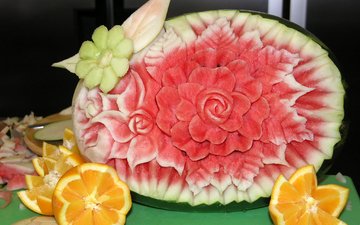 цветы, фрукты, апельсины, арбуз, креатив, натюрморт