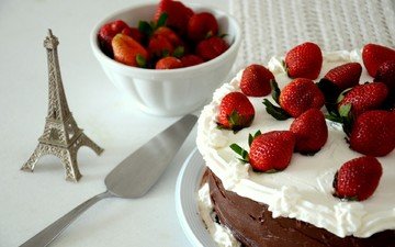 крем для торта, клубника, ягоды, сладкое, эйфелева башня, торт, десерт