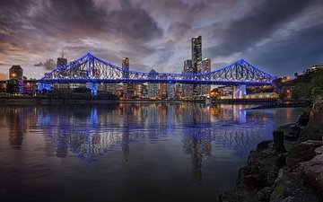 ночь, огни, река, отражение, небоскребы, мегаполис, подсветка, австралия, квинсленд, брисбен, story-bridge, мост стори-бридж