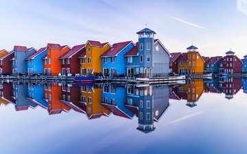 небо, отражение, разноцветные, дома, нидерланды, гронинген, набережная в гронингене, нидерланды.