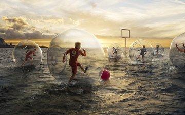 вода, футбол, море, ворота, креатив, игра, мяч