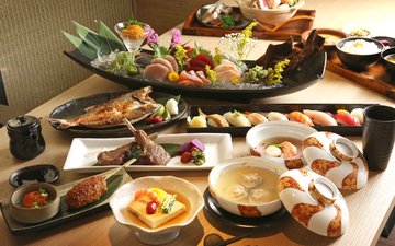 мясо, рыба, рис, суши, морепродукты, японская кухня, суп, ассорти, блюда, тофу