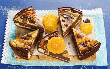 апельсин, шоколад, сладкое, кусочки, торт, десерт, пирог, чизкейк