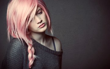 девушка, настроение, портрет, модель, губы, лицо, коса, розовые волосы