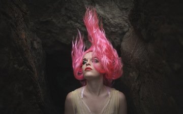 девушка, портрет, модель, лицо, пещера, макияж, розовые волосы, закрытые глаза