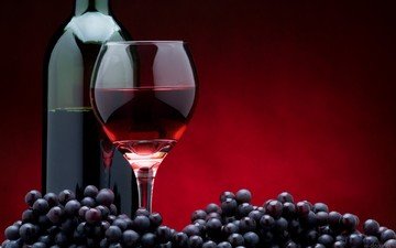 виноград, бокал, вино, бутылка, красное вино