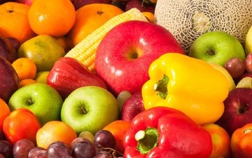 виноград, фрукты, яблоки, кукуруза, овощи, помидоры, мандарины, перец, дыня, перец болгарский
