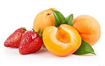 фрукты, клубника, ягоды, белый фон, абрикосы