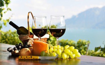 горы, виноград, лето, сыр, вино, бутылка, бокалы, бокал вина