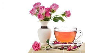цветы, розы, букет, чашка, чай, ложка