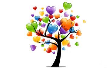 дерево, разноцветные, сердце, любовь, белый фон, сердечки, воздушные шарики