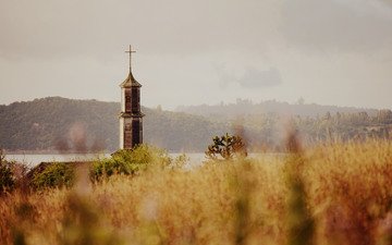 трава, озеро, природа, башня, церковь, крест, холм