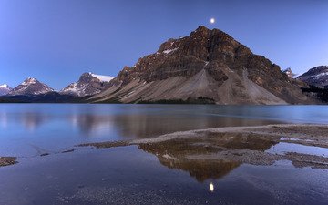 небо, озеро, отражение, гора, луна, канада, альберта, озеро боу-лэйк