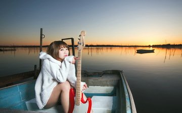 закат, девушка, гитара, музыка, лодка