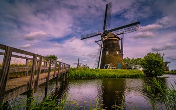 трава, река, природа, пейзаж, мост, канал, нидерланды, ветряная мельница, киндердейк