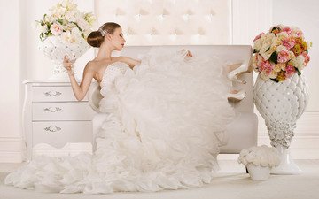 девушка, модель, белое платье, невеста, шатенка
