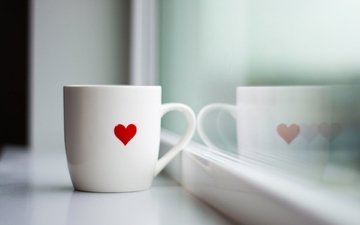макро, утро, кофе, сердце, кружка, окно, стекло, чай