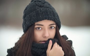 глаза, зима, девушка, портрет, лицо, шапка, карие, шатенка