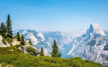 деревья, горы, скалы, камни, панорама, сша, калифорния, йосемити, йосемитский национальный парк, ка­ли­фор­нийс­кая