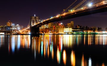 ночь, огни, отражение, зеркало, сша, нью-йорк, бруклинский мост, бруклин, река гудзон